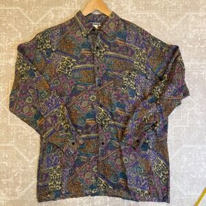 Fierce Vintage 90s‎ 100% silk Abstract Print Button Up Shirt Size L Long Sleeve